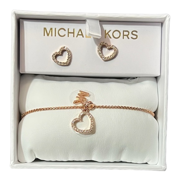 MICHAEL KORS Rose Gold Crystal Heart Logo Slider Bracelet Stud Earring Boxed Set - Picture 9 of 10